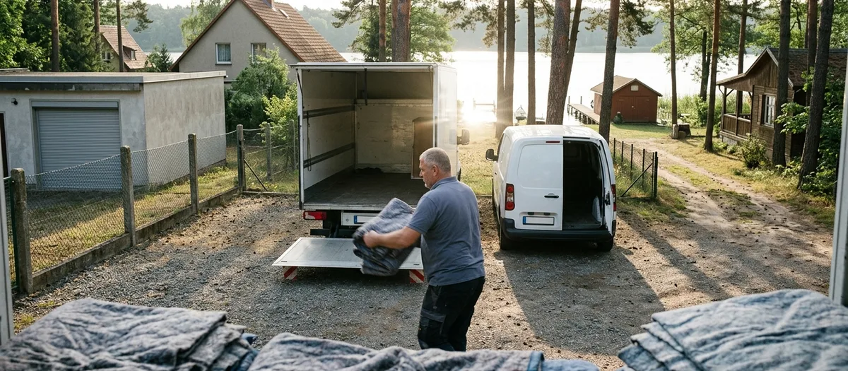 Zwei Umzugswagen nebeneinander auf dem Hof am Ortsrand, Ladeflächen geöffnet, ein Träger lädt Decken ein