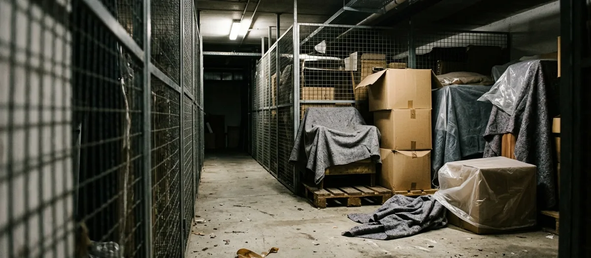 In Decken und Hauben verpackte Möbel und gestapelte Kartons, dicht gesetzt in einem trockenen Lagerabteil mit schmalem Gang davor