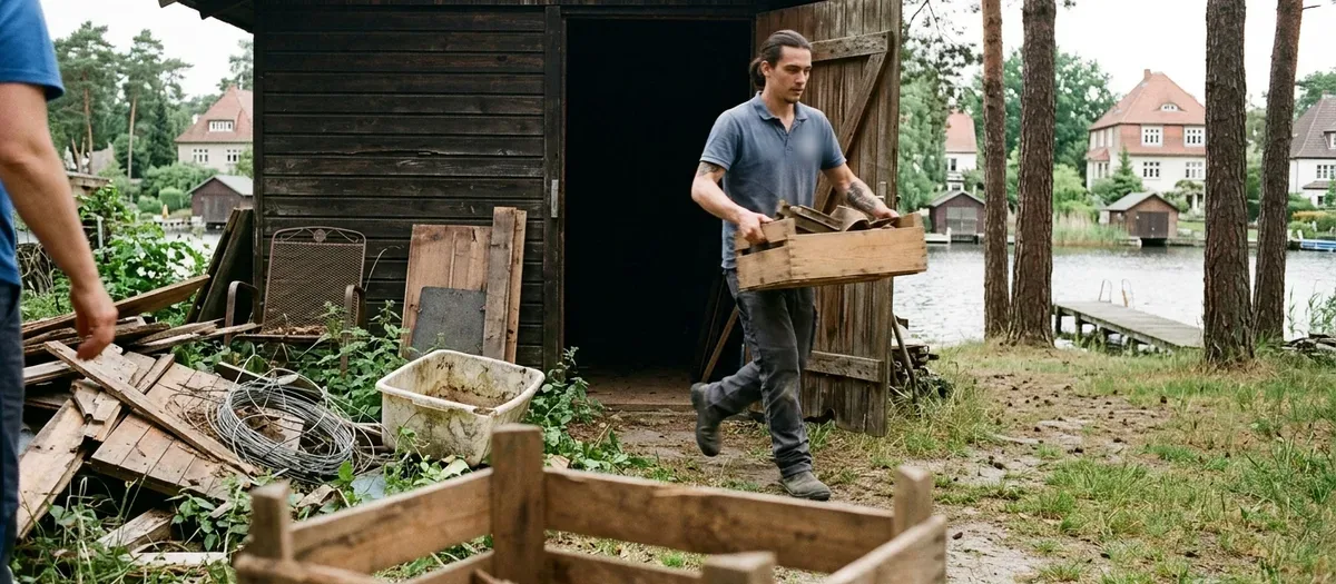 Ein Träger räumt Kisten und altes Holz aus einem hölzernen Schuppen am Ufer und stapelt sie auf dem Weg davor.