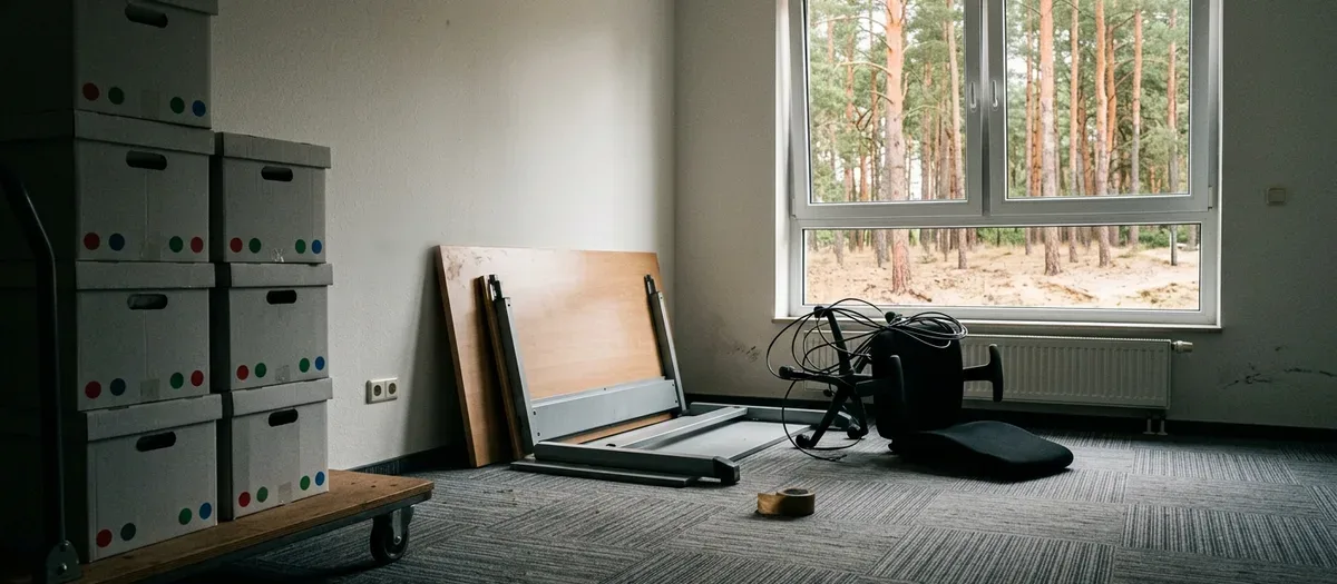 Mit Farbpunkten markierte Umzugskisten und ein zerlegter Schreibtisch stehen abfahrbereit in einem geräumten Büro mit Blick auf Kiefern.