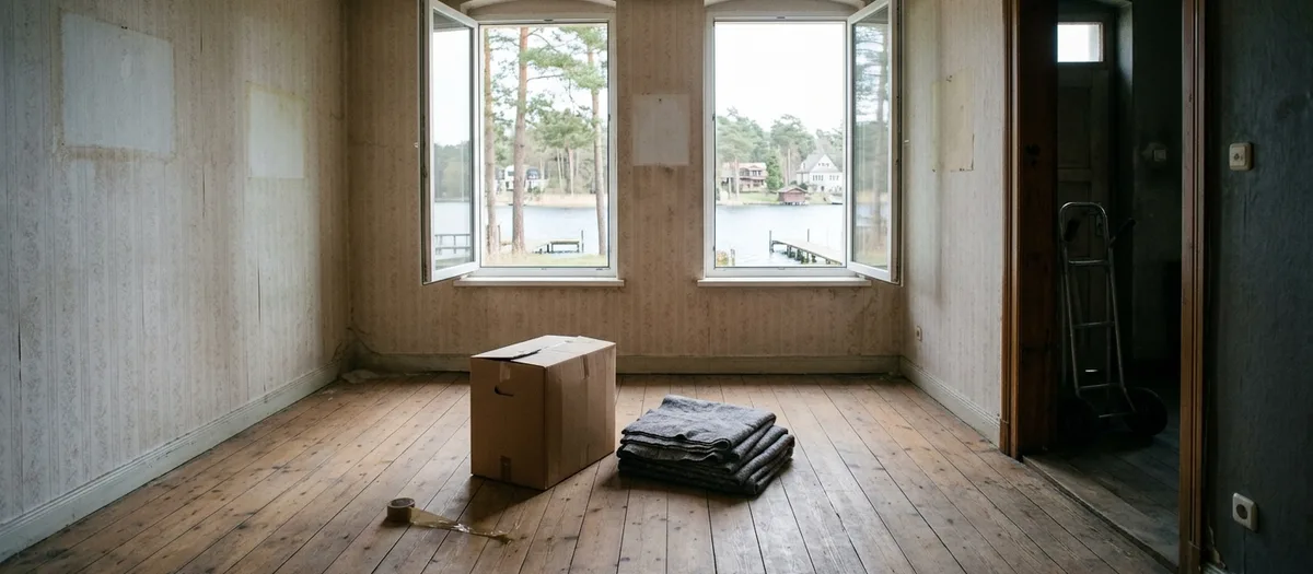 Ein leergeräumtes Zimmer mit gefegtem Dielenboden, in der Mitte stehen eine einzelne Kiste und ein Stapel gefalteter Decken.
