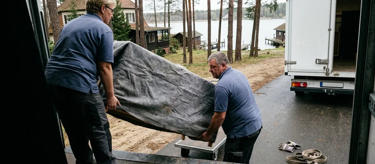 Zwei Träger heben eine abgedeckte Kommode aus dem Laderaum auf einen Rollwagen