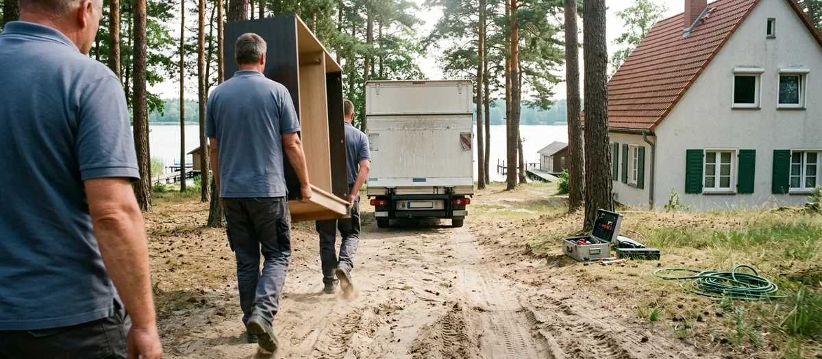 Zwei Träger bringen einen zerlegten Kleiderschrank über eine sandige Grundstückszufahrt zwischen Kiefern zum wartenden Möbelwagen.