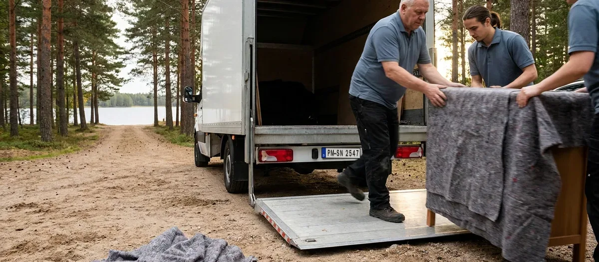 Zwei Träger schieben eine in Decken geschlagene Kommode über die Ladebordwand in den Möbelwagen