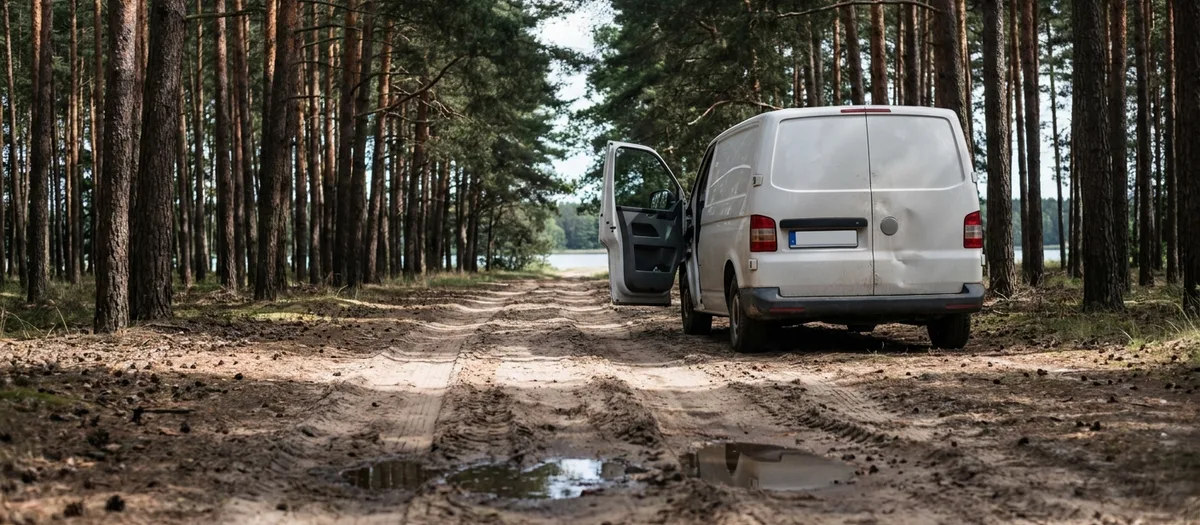 Kastenwagen mit geöffneter Tür auf einer sandigen Grundstückszufahrt zwischen Kiefern