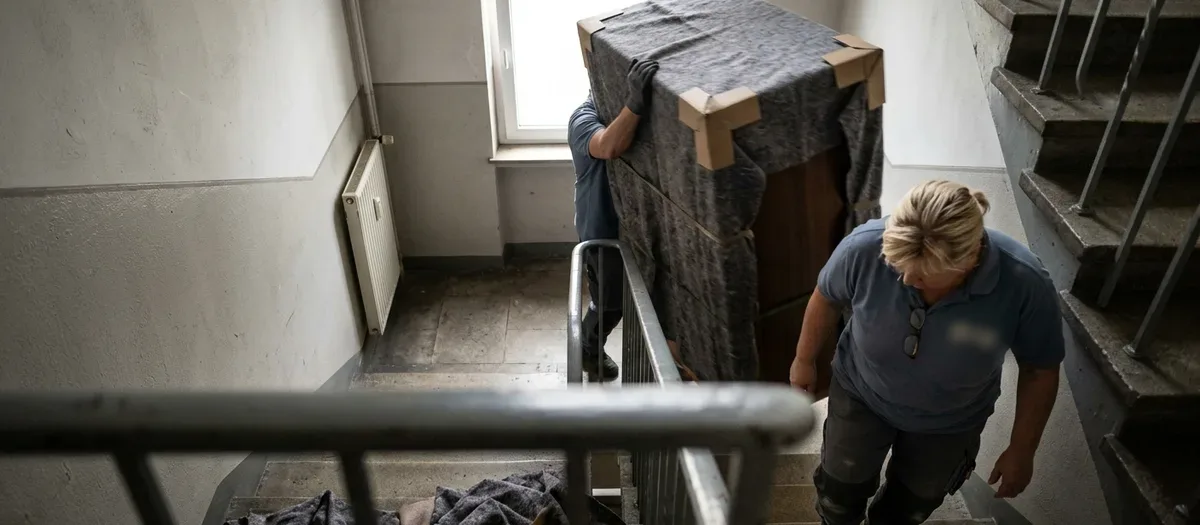 Gepolsterter Schrank wird zu zweit durch ein enges Treppenhaus getragen
