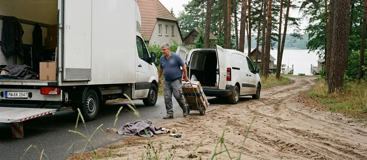 Möbelwagen am Rand einer sandigen Zufahrt zwischen Kiefern, davor der kleinere Kastenwagen, der die letzte Strecke bis zum Haus übernimmt