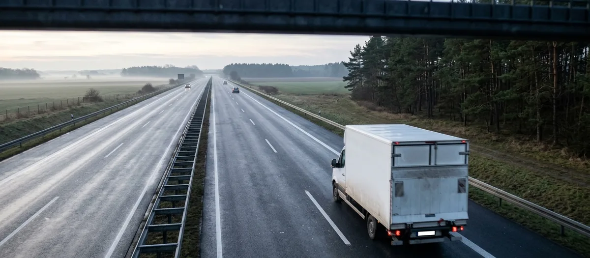 Möbelwagen auf der Autobahn Richtung Süden, frühes Morgenlicht über flachem Land