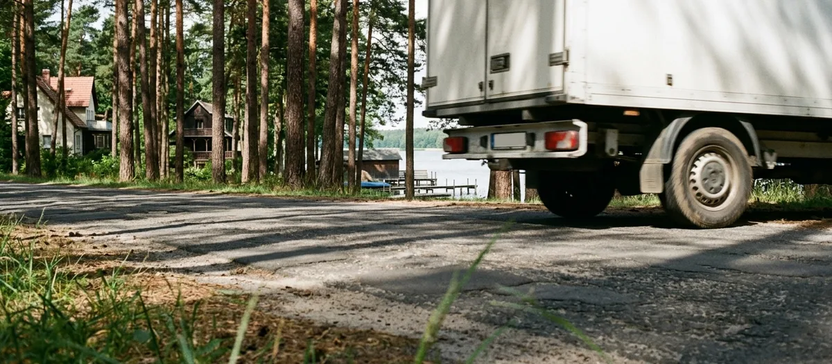Umzugswagen auf einer von Kiefern gesäumten Landstraße im Brandenburger Umland