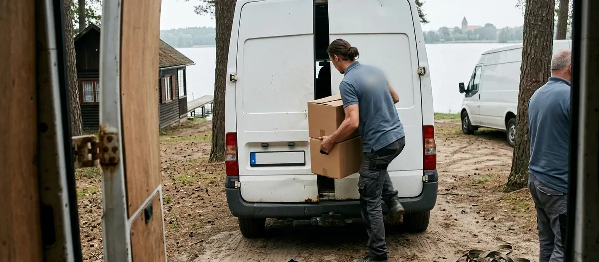 Kastenwagen mit offener Hecktür an einem Waldgrundstück, im Hintergrund die Havel und das gegenüberliegende Ufer