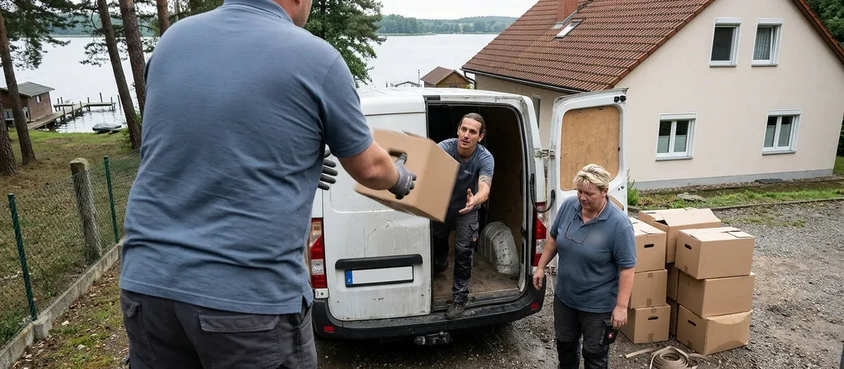 Drei Helfer reichen sich Umzugskartons über die Ladekante eines gemieteten Transporters vor einem Brandenburger Wohnhaus zu.