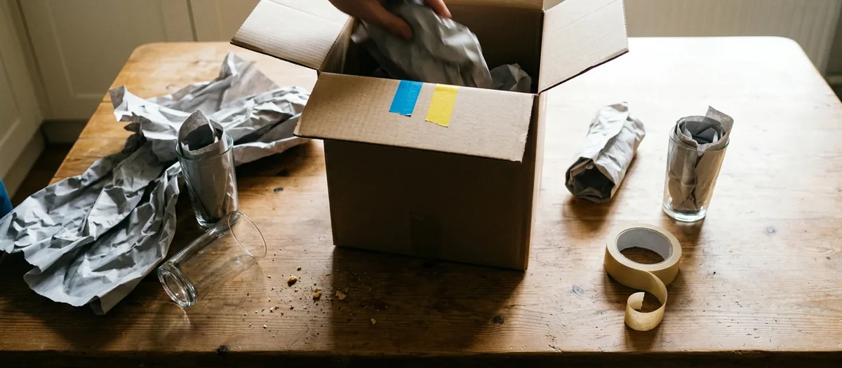 Offener Umzugskarton auf einem Küchentisch, mit farbigem Klebeband markiert, daneben Packpapier, eine Rolle Klebeband und in Papier gewickelte Gläser