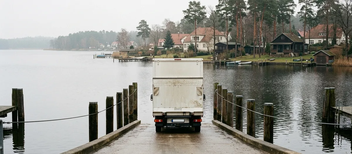 Der Möbelwagen wartet am Anleger der Seilfähre, dahinter die Havel und das Ufer von Caputh.
