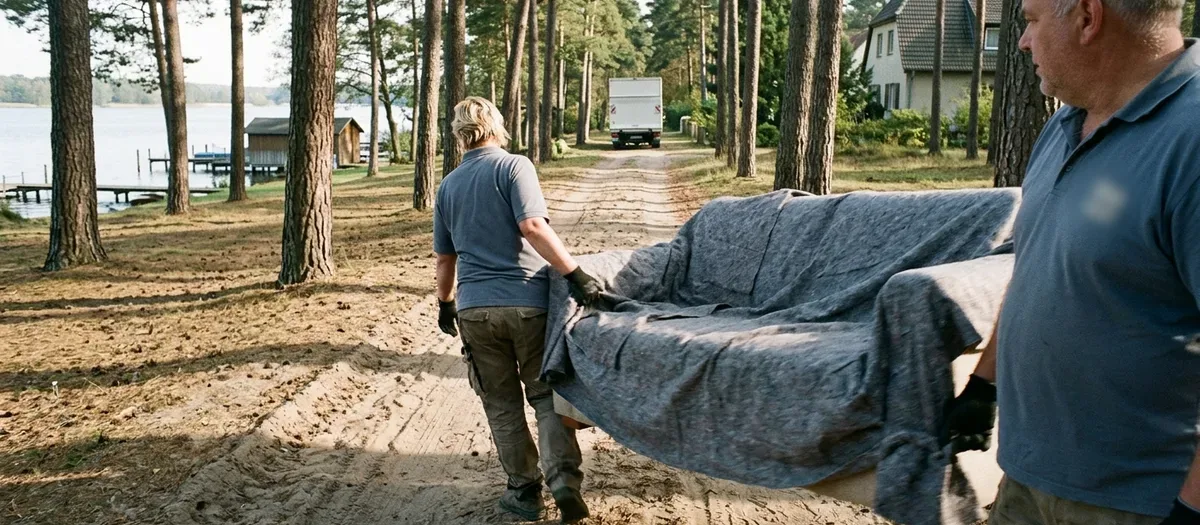 Zwei Träger tragen ein abgedecktes Sofa über die lange Sandzufahrt eines Grundstücks am Ortsrand von Ferch.