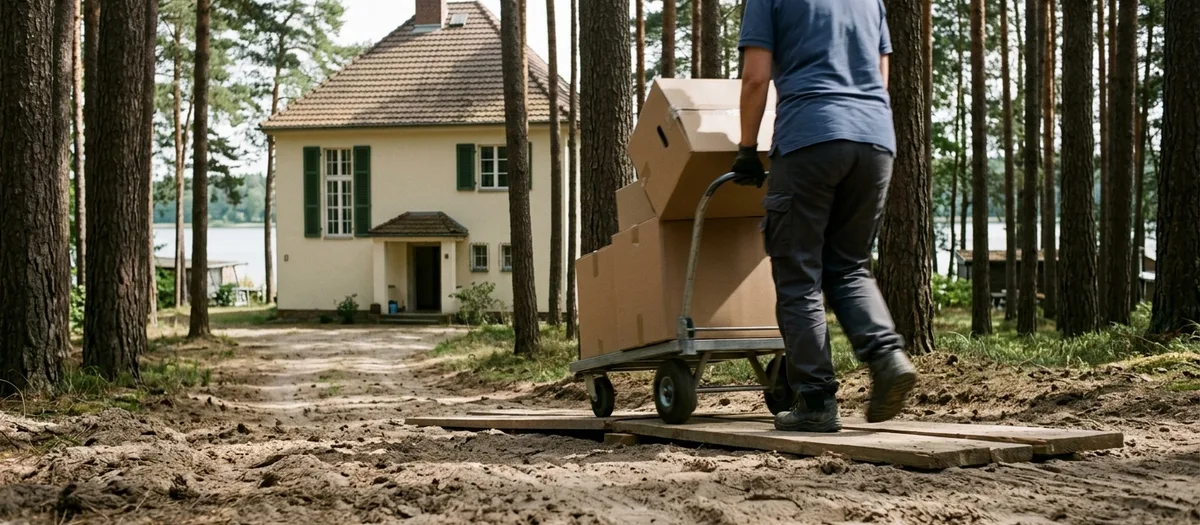Villa im Kiefernwald von Wildpark-West, davor schiebt ein Träger einen beladenen Rollwagen über die sandige Zufahrt.