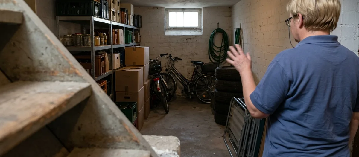 Vollgestellter Kellerraum mit Regalen, Kisten und Fahrrädern, wie er beim Aufmaß mitgezählt wird, am Fuß der Treppe steht ein Träger